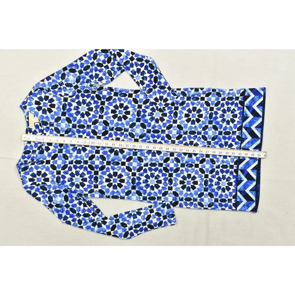 Michael Kors Womens Size S Blue Geometric Mosaic Tile Print Long Sleeve Dress